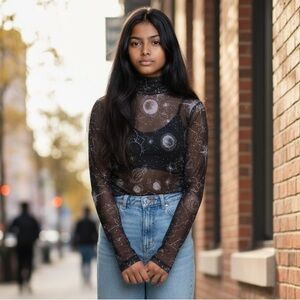 Sheer Celestial Print Long Sleeve Top - Black